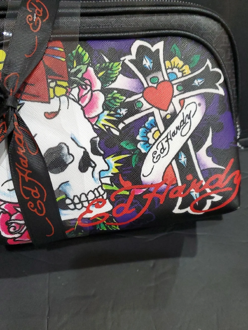 Ed Hardy black print 2piece cosmetic makeup bag pouch with skull & rose zip pull